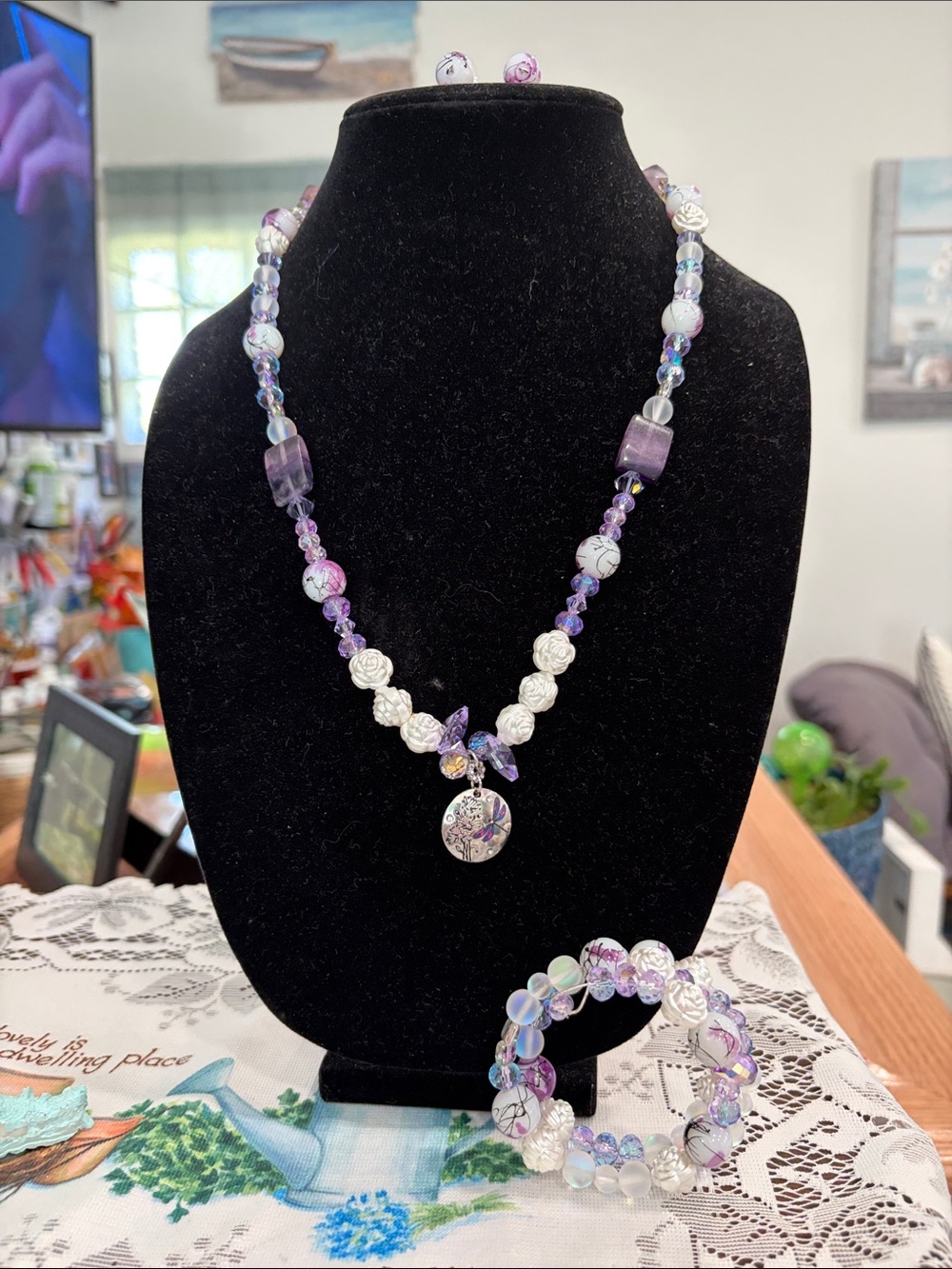 Handcrafted Purple Beaded Necklace, Earrings and Bracelet Set